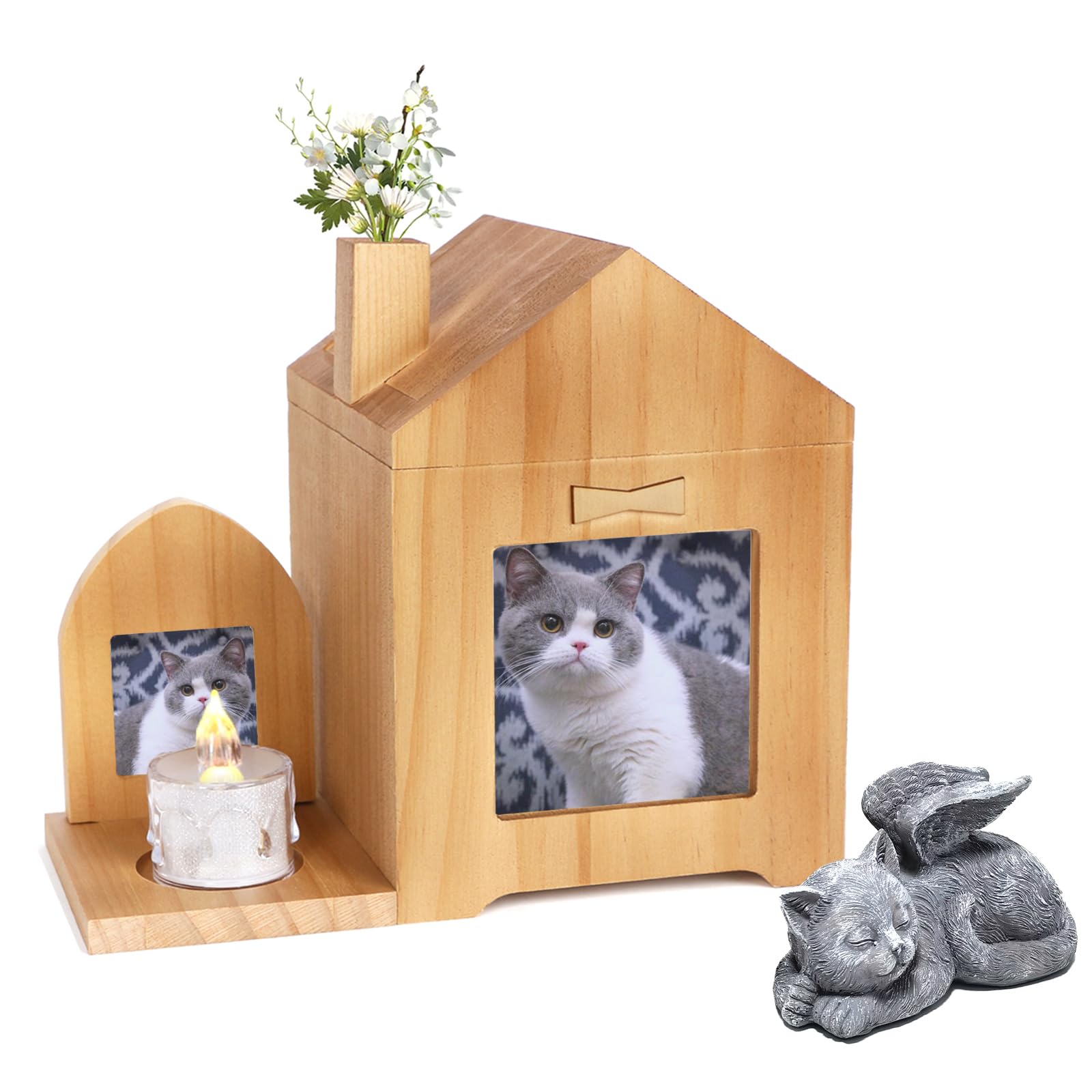 Umberdom 3 in 1 Pet Ashes Box Set, Wooden Urn Box Ashes Casket Keepsake Memorial Gift with Picture Frame, Cremation Box for Dogs Cats Rabbit Small Pet (Cat Angel)