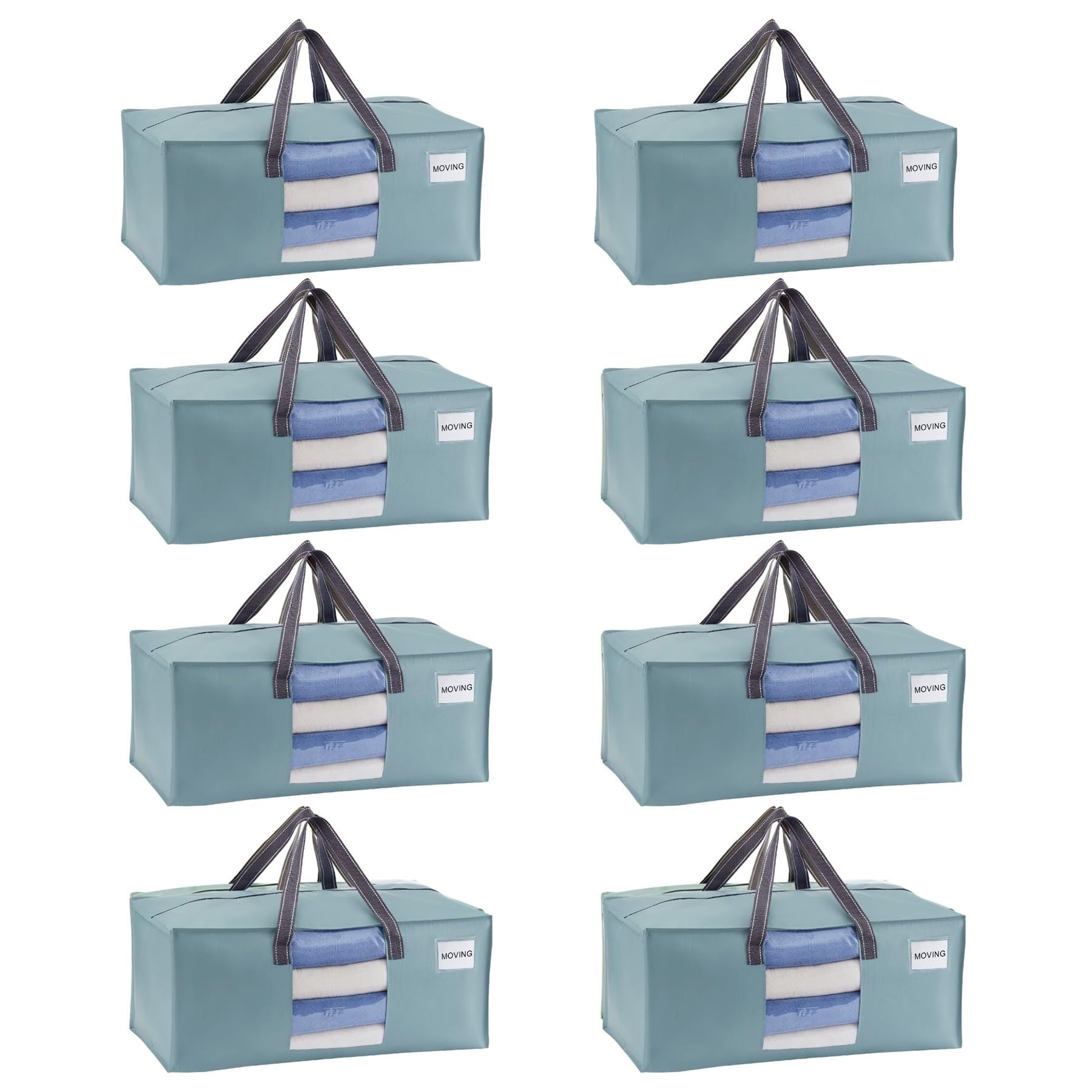 VENO Large Heavy-Duty Moving Bags with Window, Organizer Foldable Storage Box, College Dorm Clothes Collapsible Bins, Reusable Packing Supplies Under Bed Storage Tote Bag (Light Blue Matte, 8 Pack)