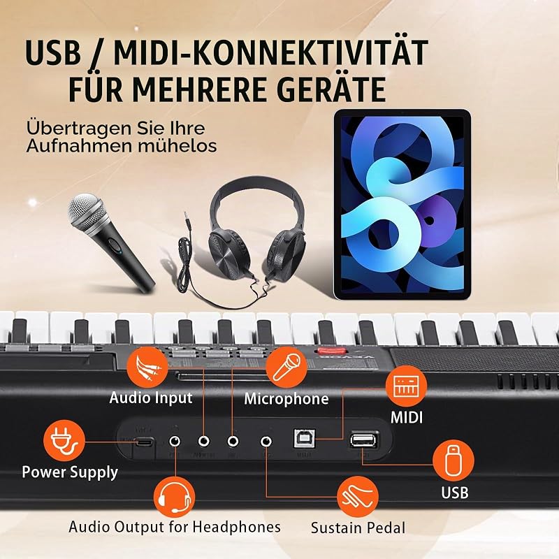 Digitales Klavier mit 61 Tasten, beleuchtete Tasten, tragbares elektrisches Klavier mit Ständer, 600 Töne, 500 Rhythmen, integrierte Lautsprecher, Sustain-Pedal, Kopfhörer, Mikrofon, USB