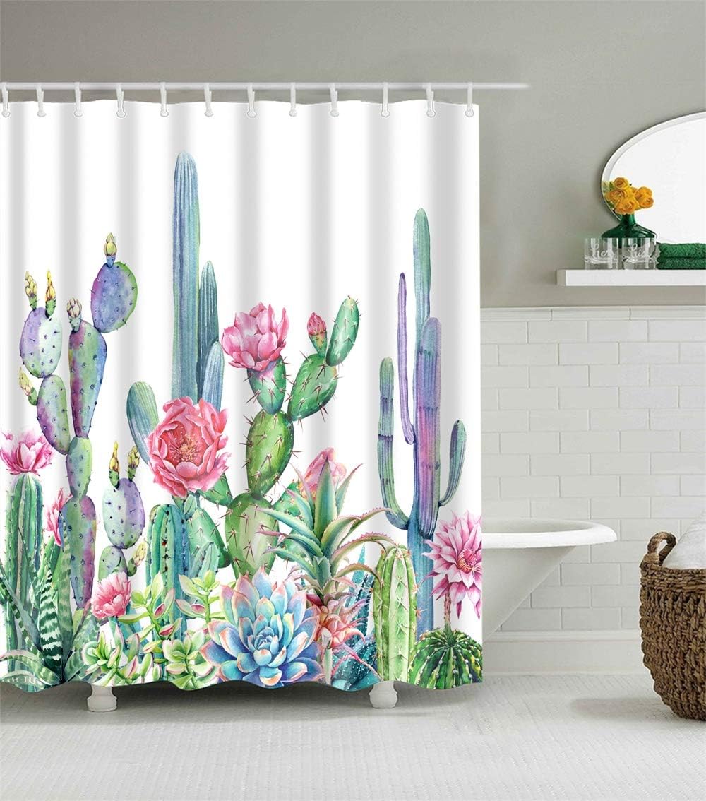 Amazon Com Cactus Shower Curtain Set With 12 Hooks Desert Tropical Plants Purple Barbary Fig Red Pink Floral Fuchsia Blossom Vibrant Flower Green Succulents Bathroom Decor Waterproof Polyester Fabric Accessories Kitchen Dining
