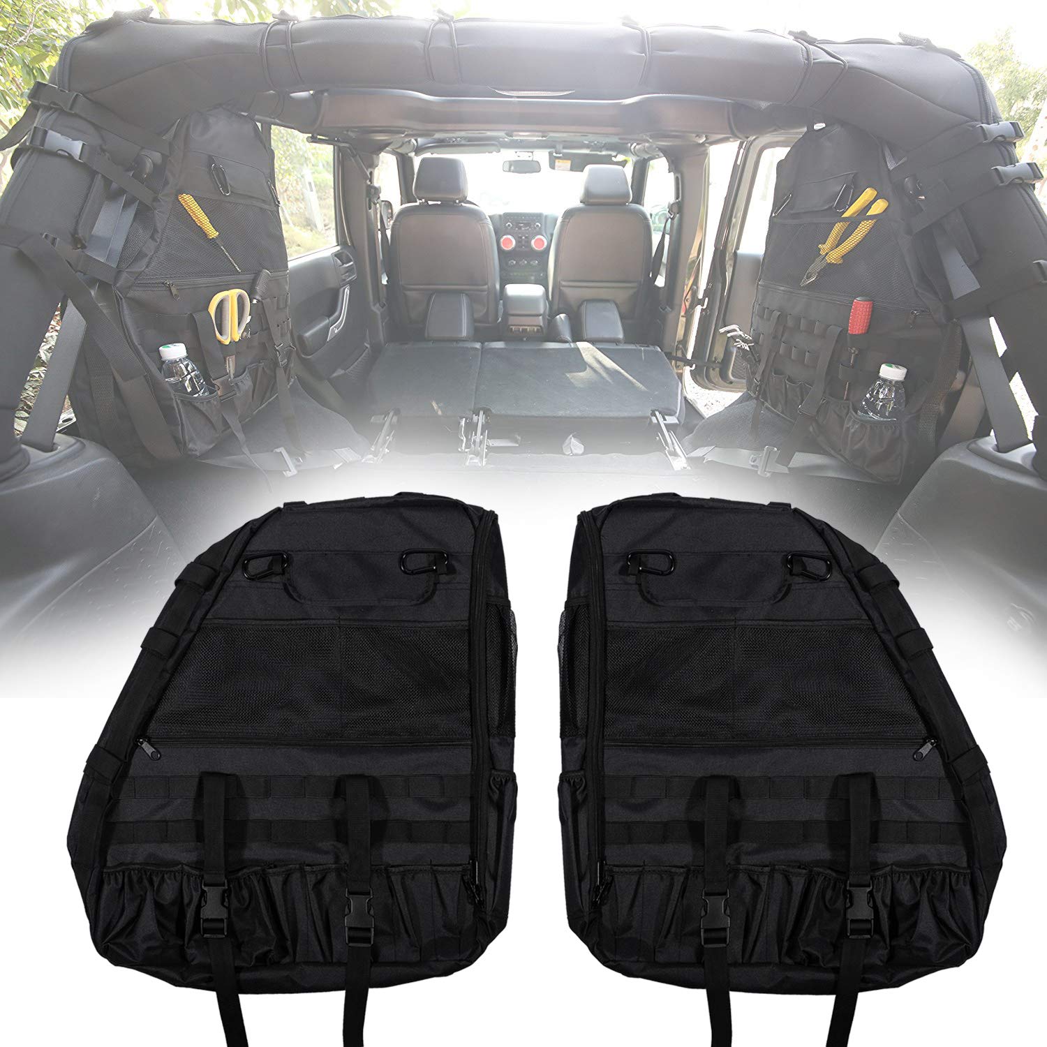 Roll Bar Storage Bag Cage with Multi-Pockets & Organizers & Cargo Bag Tool Kits for Jeep Wrangler JK JL TJ LJ & Unlimited 4-Door 1997-2018