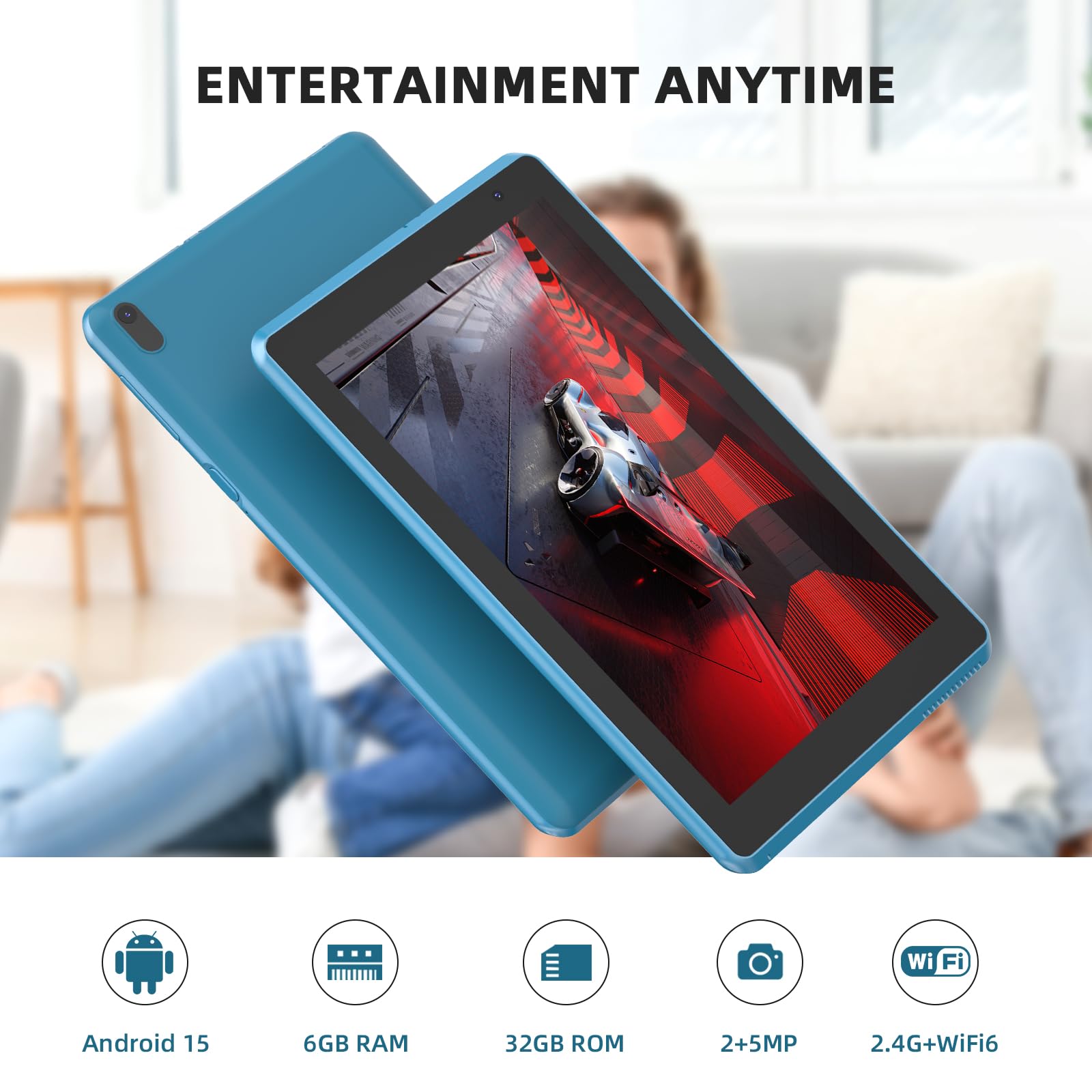 Android 15 Tablet with Case, 7 Inch 8GB RAM+32GB ROM/ 1TB Expandable Computer, 5MP Camera Tablets, 1.6Ghz Quad-core Processor, 3000mAH Battery Tablet PC, 5G WiFi, Games 7'' Android Laptop Blue