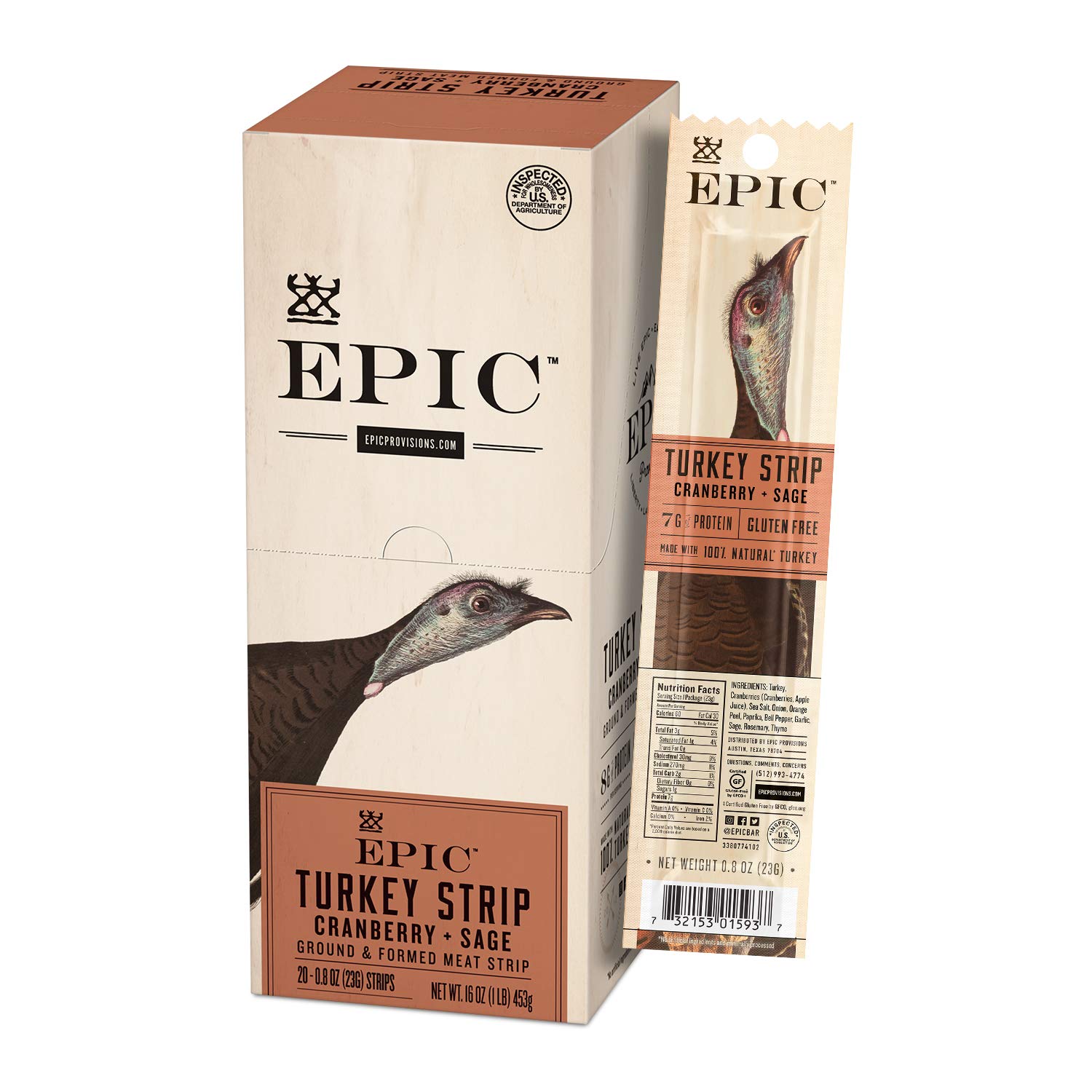 EPIC Turkey Cranberry Sage Strips, Keto Friendly, 20Ct Box 0.8oz strips