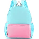 Cunno 1 Piece Nylon Backpack Kids School Backpack for Toddler Girls Boys Plain Waterproof Preppy Bookbags Travel for Student (Lake Blue and Pink)