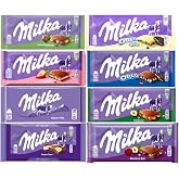 Milka European Chocolate Bars Variety Pack of 8 Full Size Bars, No Duplicate Chocolate