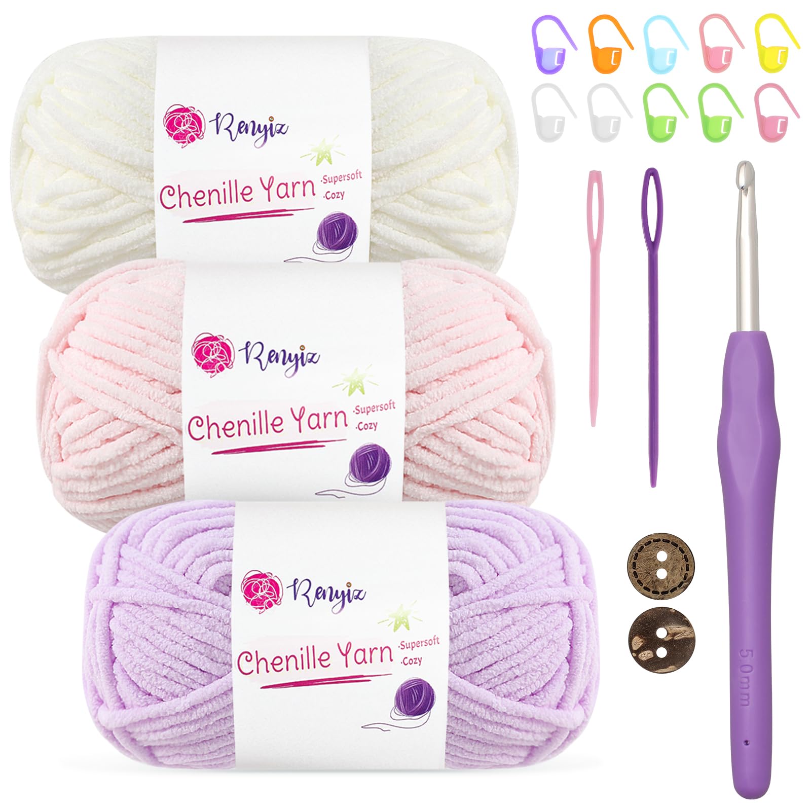 Renyiz Chunky Chenille Yarn for Crochet Baby Blanket Yarn 3x50g Soft Fluffy Wool with 5mm Crochet Hook Amigurumi Crochet Yarn for Beginners (Pink-3) — image 1