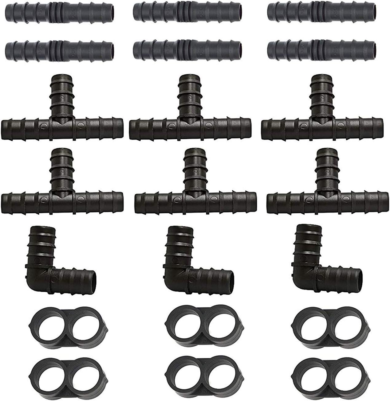 perhonor Irrigation Fittings for 1/2" Irrigation Tubing-6 Tees 6 Couplings 3 Elbows 6 Tubing End Caps for Compatible Drip and Rain Bird or Plant Watering System- 21PCS Set for Drip Irrigation Systems