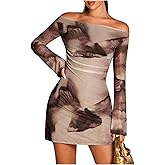 SHENHE Women's Off The Shoulder Mini Dress Long Sleeve Tie Dye Mesh Bodycon Evening Dress