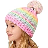 Girls Winter Hat Scarf Gloves Set, Toddler Fleece Lined Beanie Hat with Pom Rainbow Hat Scarf Mittens for Girl 4-15 Year