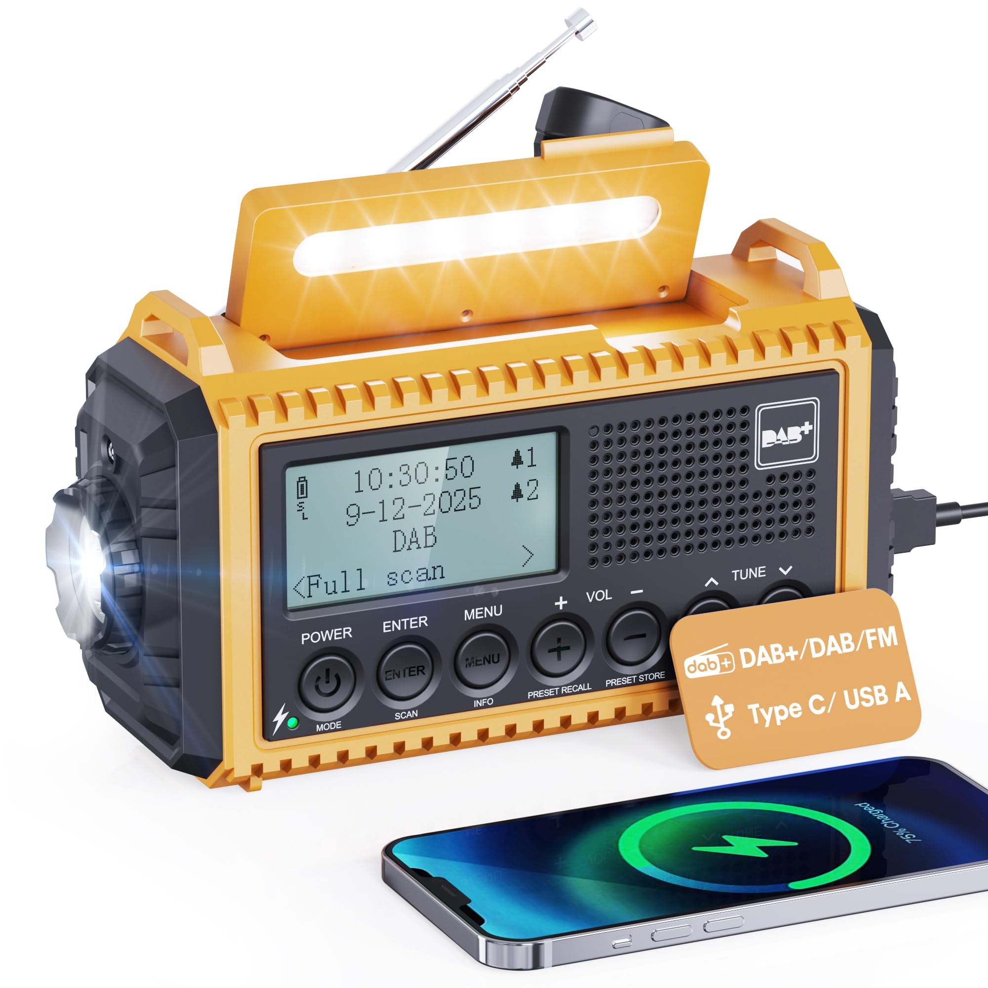 Dab Wind Up Radio, Solar Powered Emergency Radio with SOS Alarm, 5000 mAh Hand Crank Radio with USB Phone Charger, Portable Dab Radio with Flashlight, Headphone Jack and Dual Alarm for Camping