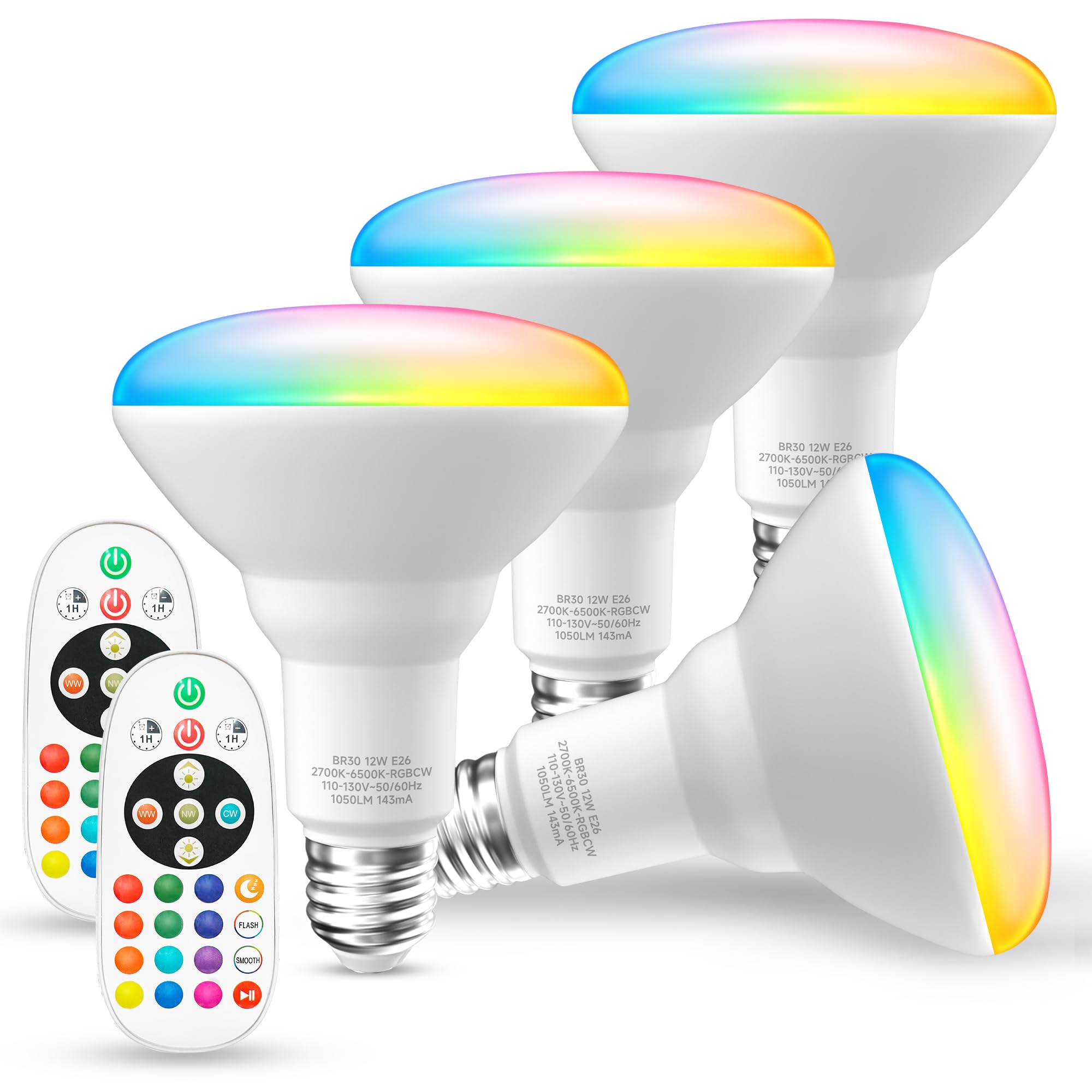 Photo 1 of UNILAMP BR30 Color Changing Light Bulb, LED Flood Lights 12W, 100W Equivalent, RGB+2700K+4000K+6500K, Remote Control, 1050LM, Dimmable E26 Base, Multi-Color Can Light Bulbs for Ceiling, 4 Pack
