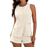 ZAFUL Women's Summer 2 Piece Outfits Sleeveless Matching Sets Button Down Crew Neck Casual Vest Waistcoat with Pockets