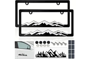 BGGTMO Mountain License Plate Frames- White on Black Mountain Raised, Plastic Black Car Tag Holder Bracket with Screws Caps, 2 Packs 2 Hole with Mountain Vinyl Sticker