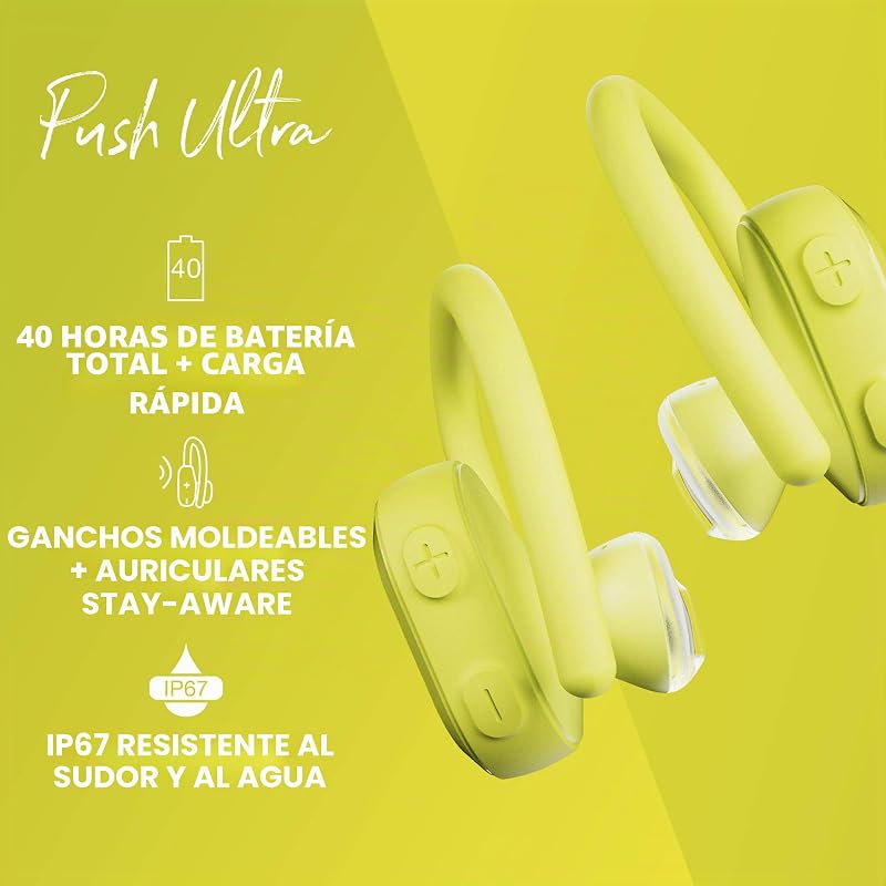 Empurre os auscultadores desportivos sem fios Ultra True através de Bluetooth, IP67 e Resistência à Água, até 40 Horas Totais de Bateria, Cor Amarela Elétrica.