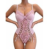 Avidlove Women's Lace Up Front V Neck Bustier Lingerie Sexy One Piece Teddy Lingerie Bodysuit Boudoir Outfit