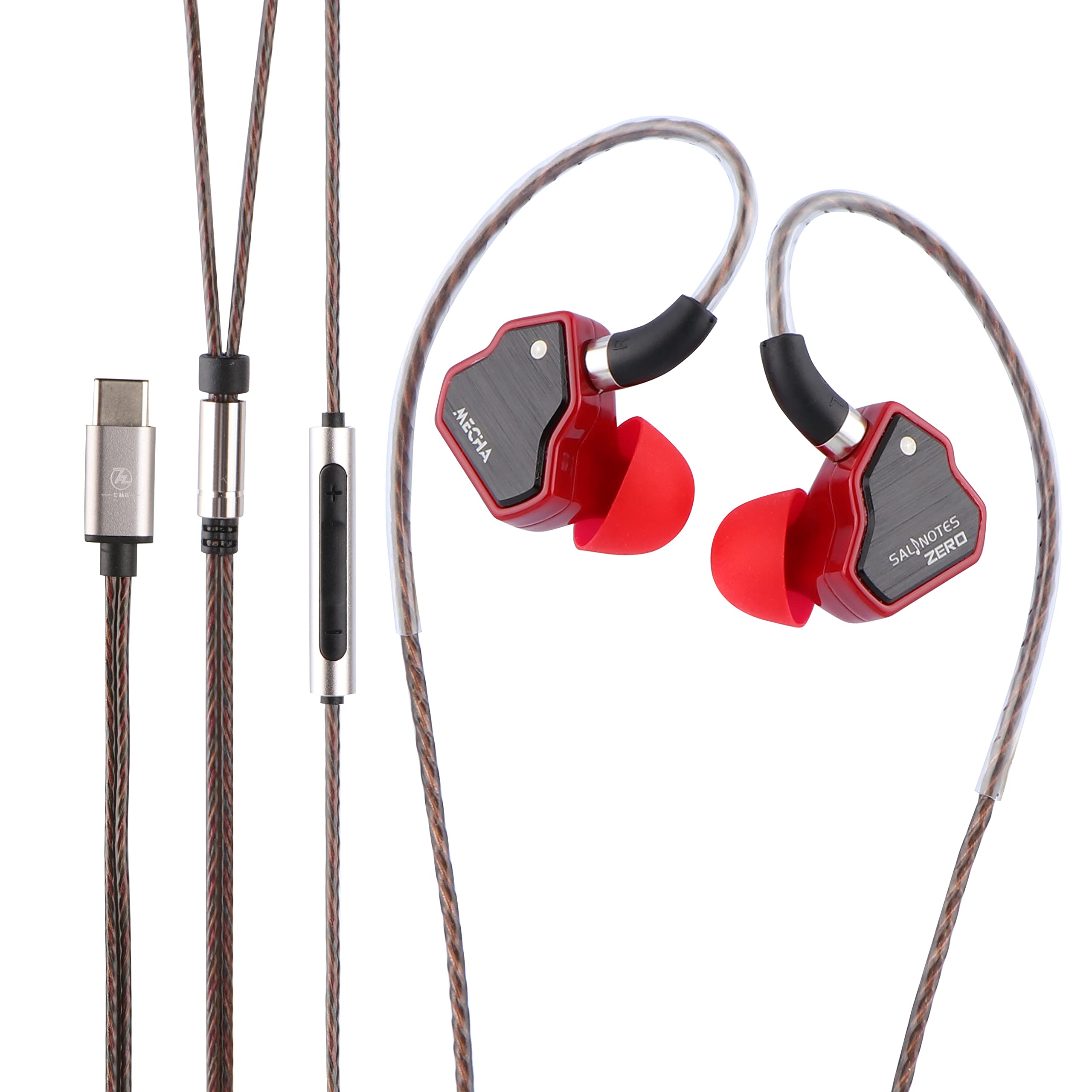 Linsoul 7Hz Salnotes Zero HiFi 10mm Dynamic Driver In-Ear Earphone IEM with Metal Composite Diaphragm Stainless Steel Faceplate Detachable 2Pin OFC Cable (Red, With Mic, Type C)