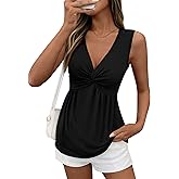 BTFBM Babydoll Tops for Women 2026 Trendy Spring Summer Outfits Twist Front V Neck Peplum Flowy Tank Tops Dressy Casual