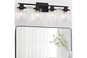 stambord 4 Light Bathroom Vanity Light, Matte Black Bathroom Light Fixtures, Modern Bathroom Lights over Mirror with Clear Glass Shade, Black Vanity Lights for Bathroom, Bedroom, Hallway