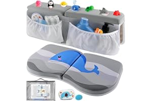 Yalumo Bath Kneeler and Elbow Rest Pad Set for Bathing Baby, Thick Comfortable Bathtub Kneeling Mat with Arm Support Cushion and Toy Organizer Pockets for Babies, Quick Drying Non-Slip Memory Foam