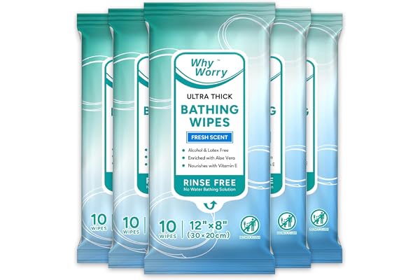 WhyWorry Ultra Thick Bathing Wipes for Adults Rinse Free, Large Body Wipes for Women, Men, Elderly Care & Cleaning, 8" x 12"