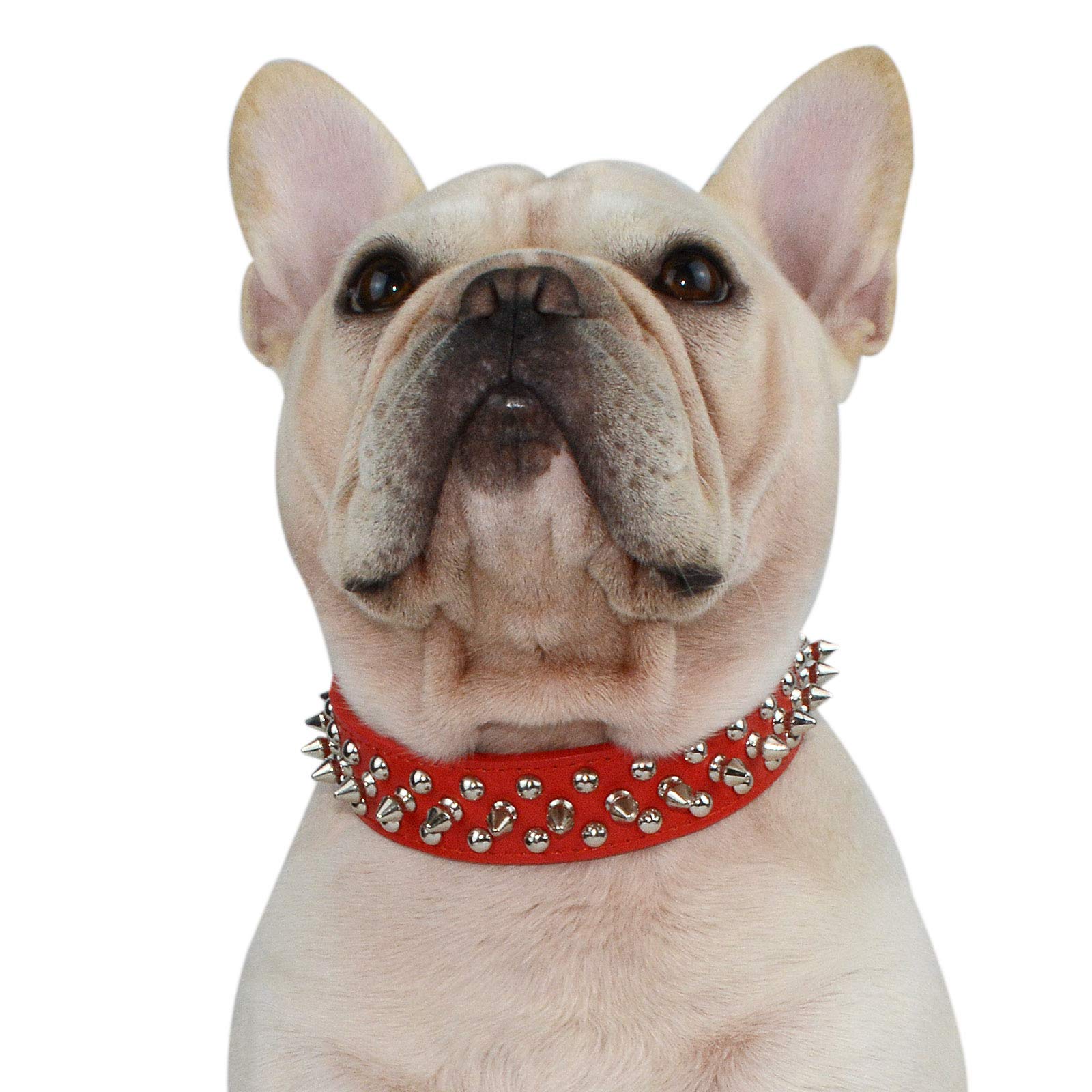 Hifrenchies Mushrooms Spiked Rivet Studded Dog Collar Adjustable Microfiber Leather Pet Collars for Frenchie/Bulldog/Pugs Suitable for Small Medium Large Dog(S,Red)
