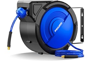 POXURIO 80FT+6.5FT Retractable Air Hose Reel, 3/8" Hybrid Air Hose, Air Compressor Hose Reel with Max 300 PSI Patented Design, Retractable Auto-Rewind Enclosed Heavy Duty 180° Swivel Mount