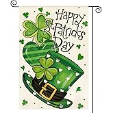 AVOIN colorlife Happy St Patricks Day Garden Flag 12x18 Inch Double Sided Outside, Shamrock Lucky Clover Hat Yard Outdoor Flag