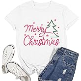 Ascrazy Merry Christmas Shirts for Women Christmas Trees Letter Printed Tshirt Xmas Holiday Tee Tops