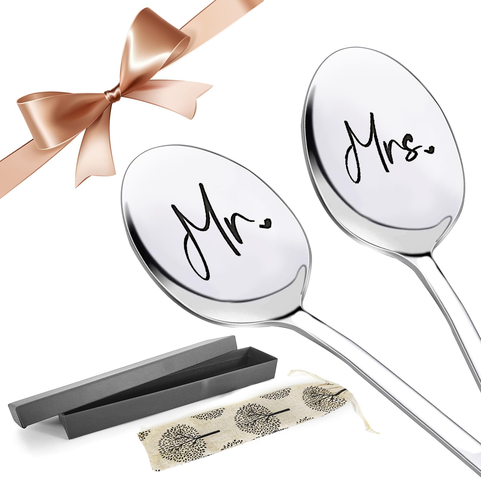 Engraved Coffee Spoons, Mr and Mrs Gifts Spoons Stainless Steel Coffee Spoon Mr and MrsSpoon Wedding Gifts for Couple Newlyweds Valentines Tea Dessert (Mr and Mrs, 7.7 inch)