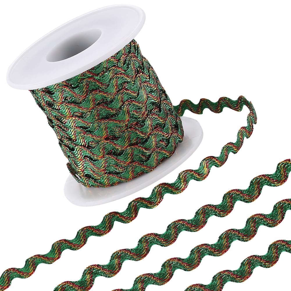GORGECRAFT 15m x 5mm RIC Rac Trim Bending Fringe Trim Green Sparkle Ribbon with Red Gold Metallic Wire Wave Edge Lace Woven Braided Webbing Fabric for DIY Crafts Clothes Embellishment Gift Wrapping