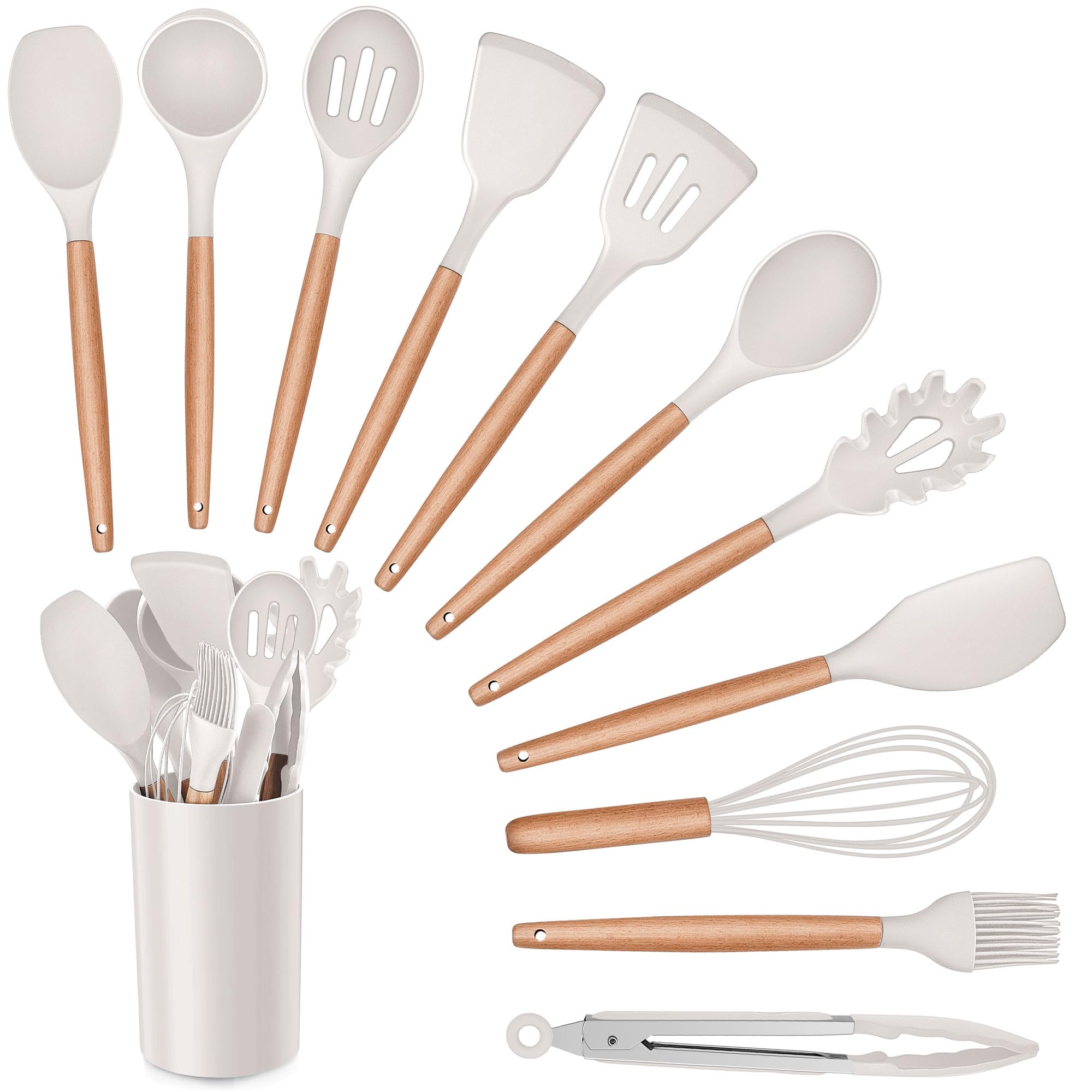 Herogo Kitchen Utensils Set, 12 Pieces Silicone Cooking Utensil with Holder, Heat Resistant Wooden Handle Spatula Turner Spoon for Non-Stick Cookware Pan, Easy to Clean, Khaki