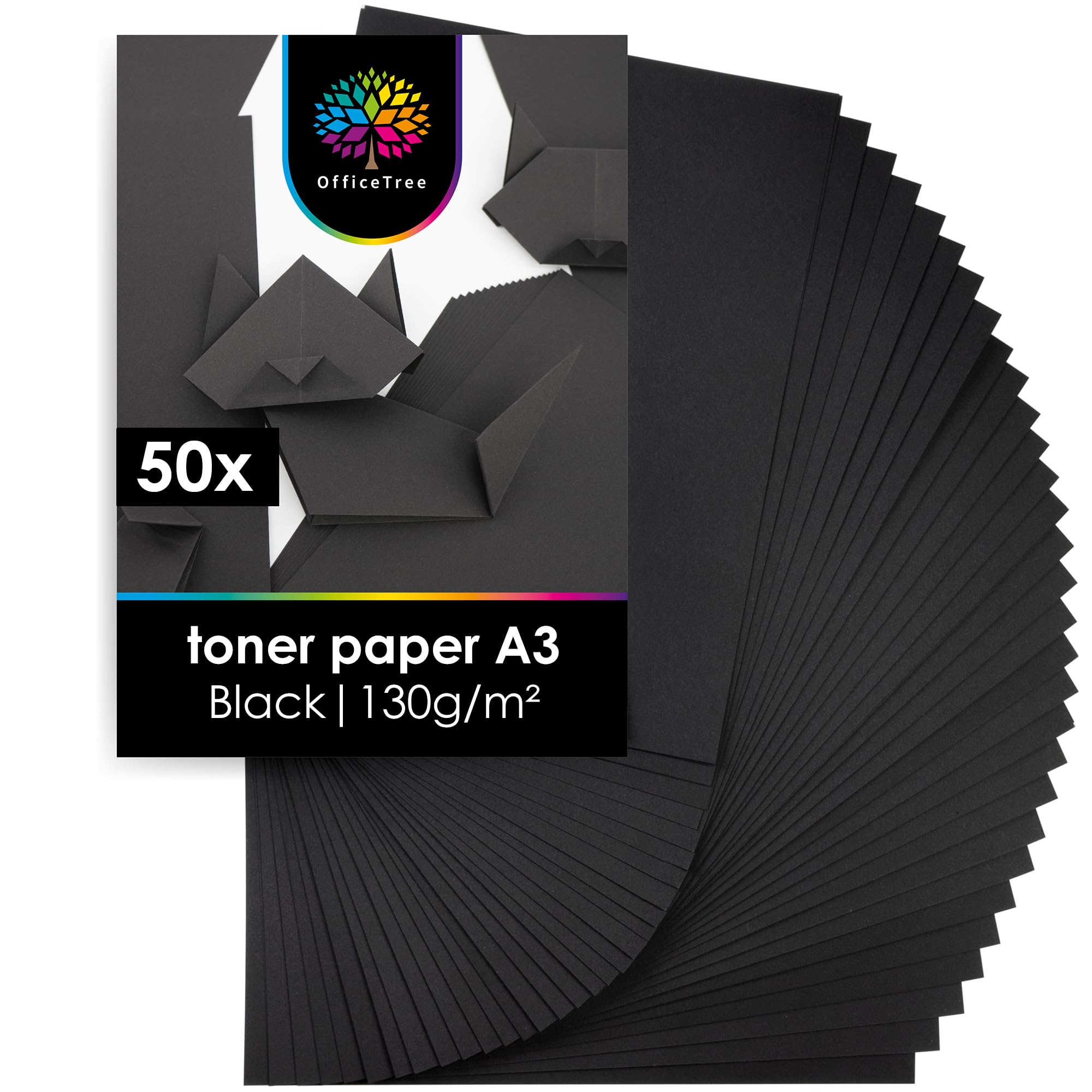 OfficeTree 50x Black Paper A3 – 130 GSM – 50 Sheets A3 Black Card for Crafting Drawing Painting and Scrapbooking - Coloured Card