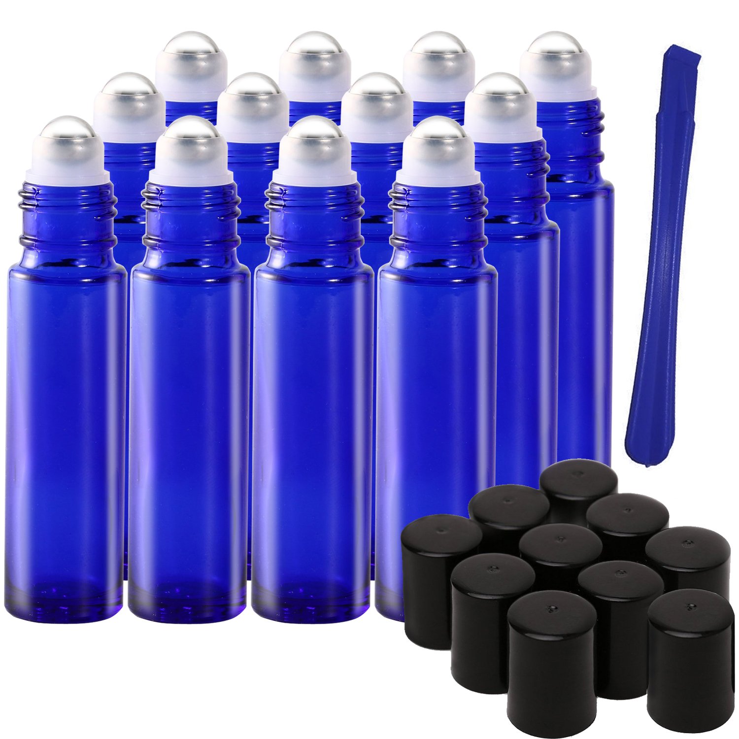 12Pcs, 10ml Blue Glass Roller on Bottles with Stainless Steel Roller Ball Refillable Essential