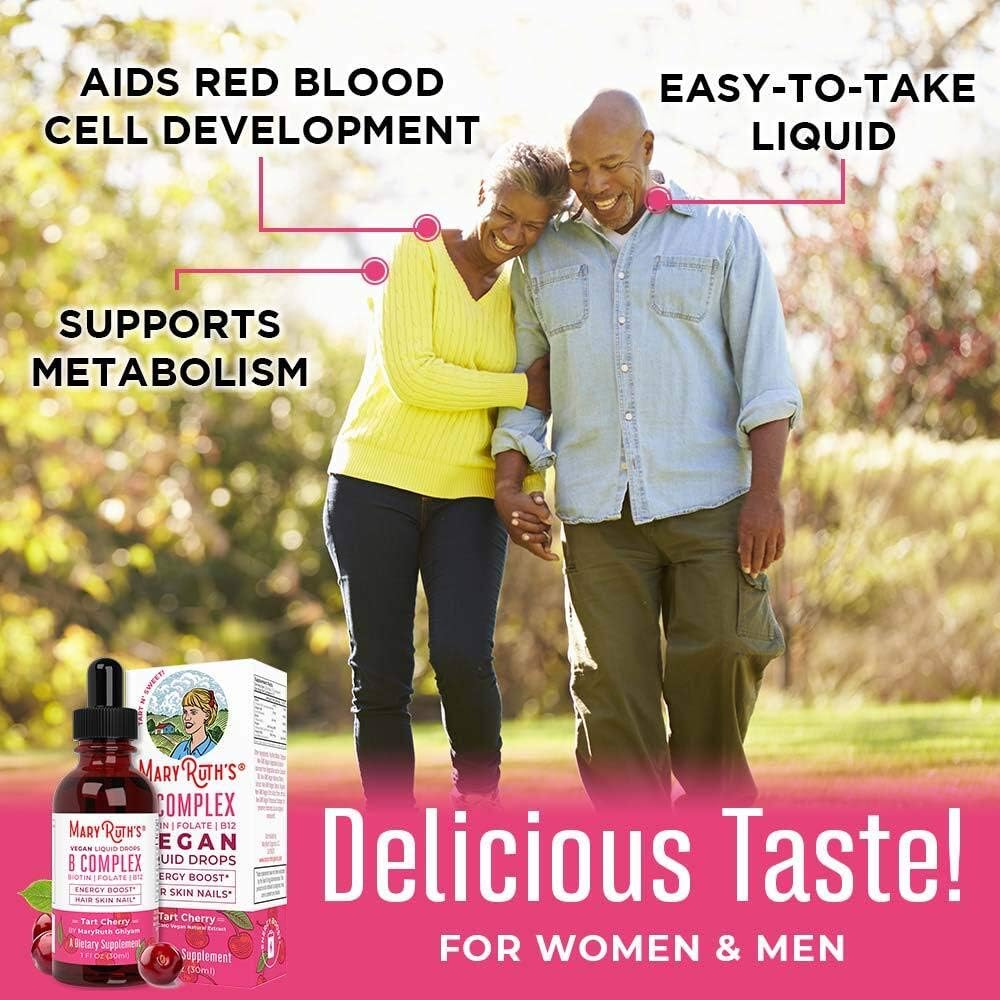 Vegan Vitamin B Complex Sublingual Liquid by MaryRuth's - Hair Skin Nails Energy - Methyl B12 Folate Biotin Niacin Vitamin B3, 6, 7, 9, 12 - Tart Cherry - Glass 1oz: Health & Personal Care