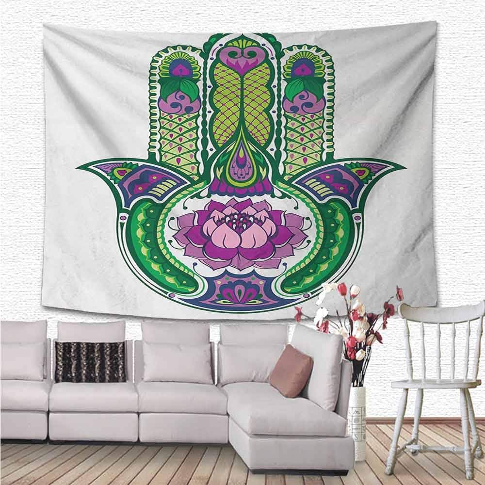 Hamsa Wall Tapestry Hanging, Nature Theme Ancient Hamsa Hand with Lotus Flower Motif in the Palm Tribal Graphic Light-Weight Polyester Fabric Wall Decor, 90"x60", Green Purple (230cmx150cm)