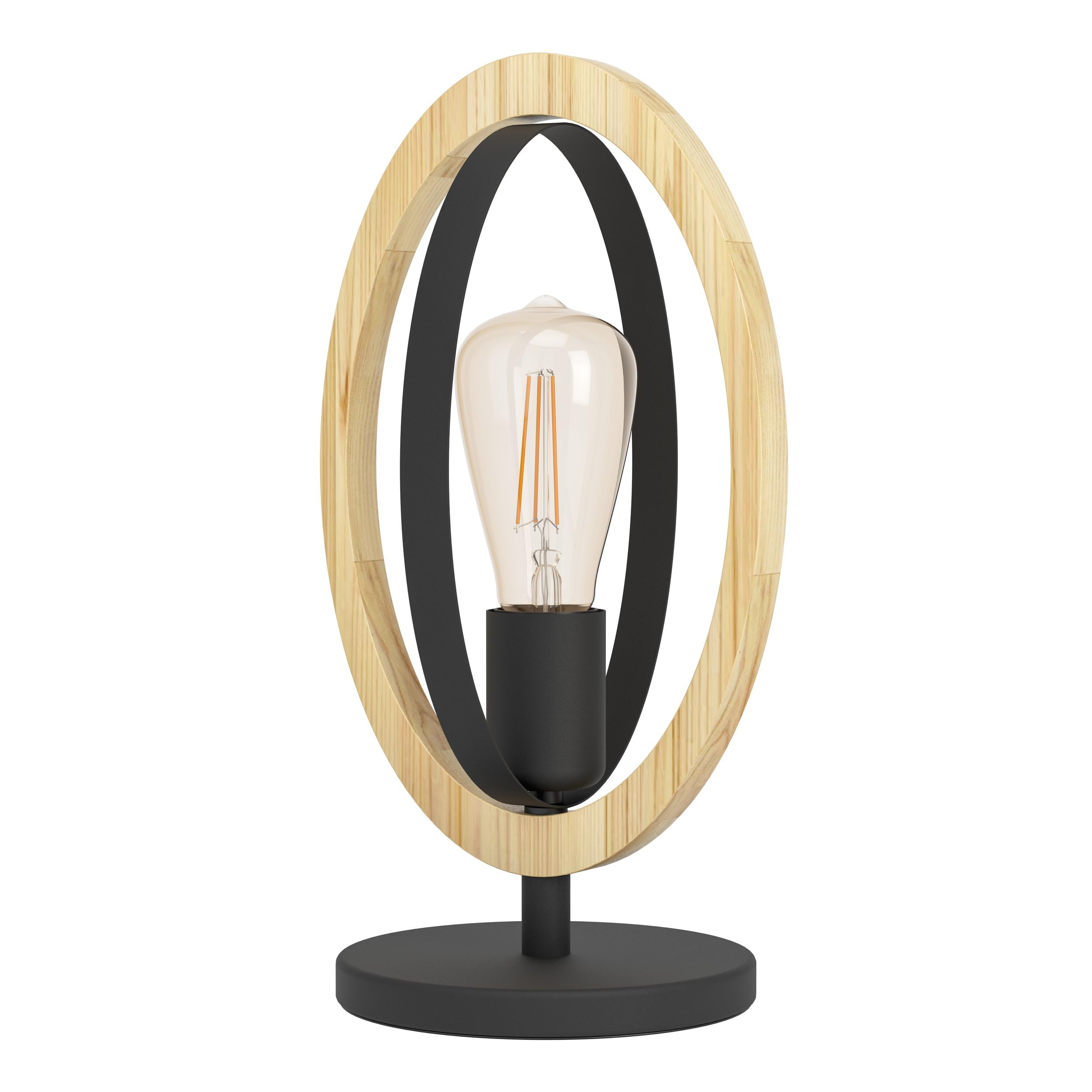 Eglo Table lamp Basildon, 1 Flame Table lamp Vintage, Industrial, Retro, Bedside lamp Made of Steel and Wood, Living Room lamp Nature, lamp with Switch, E27 Socket Black, Brown