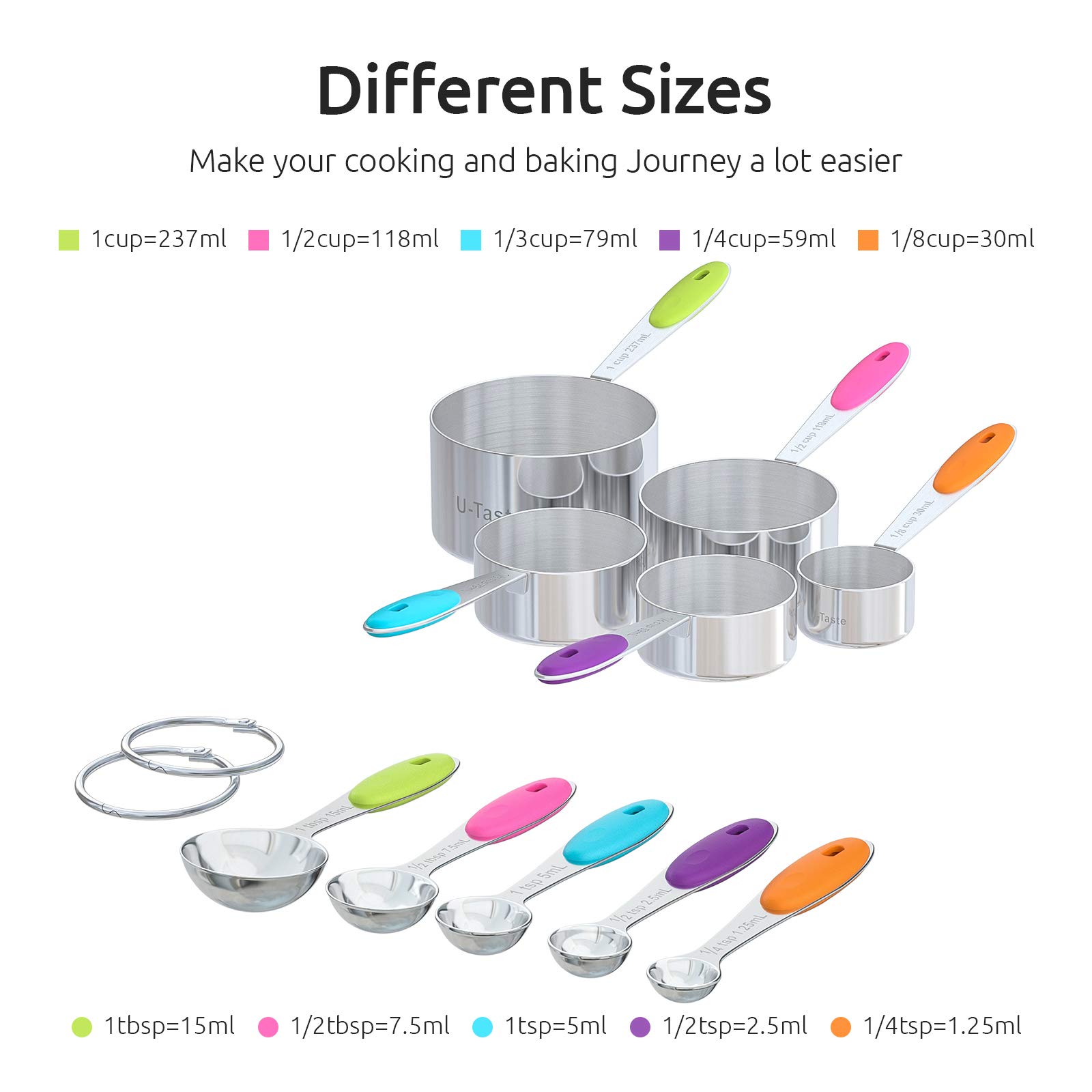 計量カップ：U-Taste 18/8ステンレス鋼計量カップとスプーン10個セット、アップグレードされた厚さのハンドル