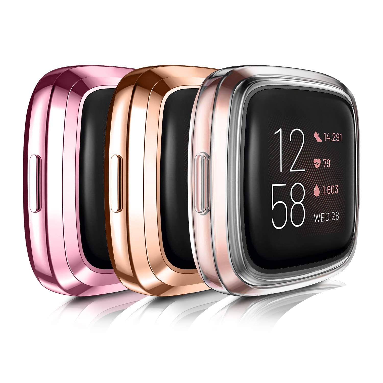 [3 Pack] Case Compatible with Fitbit Versa 2 Screen Protector Soft TPU Full Protective Case Cover Scratch-Proof Bumper for Versa 2 Only (Rose Gold/Rose Pink/Clear)