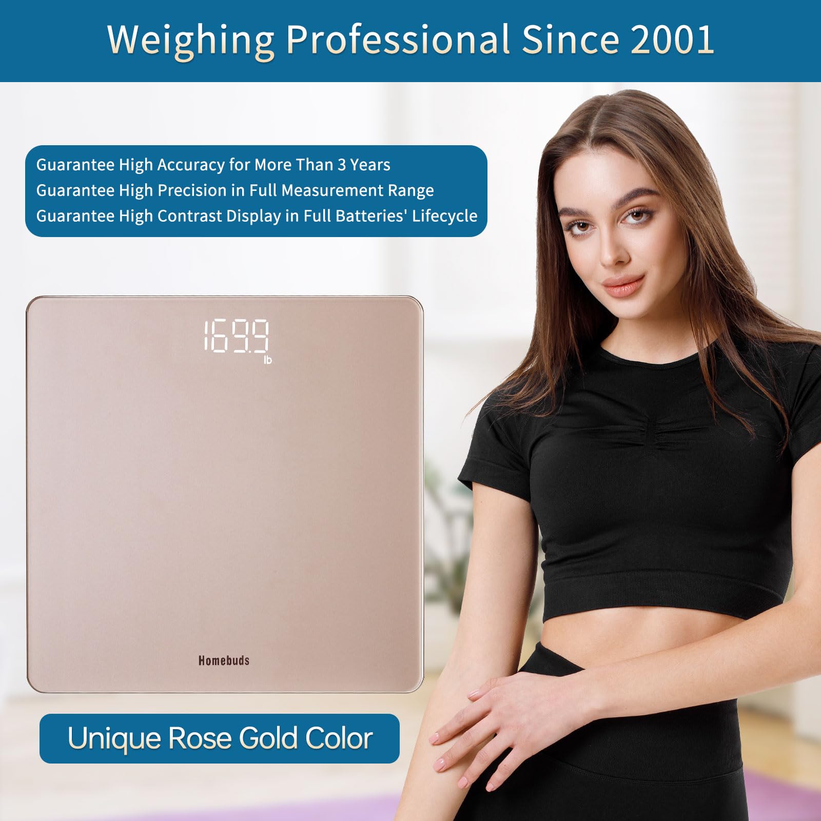 HomeBuds Digital Bathroom Scale for Body Weight, High Precision Assured by Weight Scale Professional Factory Since 2001, Bright White LED and Step-On, 3*AAA Batteries Included, 400lb/182kg, Rose Gold