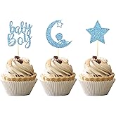 24 PCS Baby Shower Boy Cupcake Toppers with Moon Star Blue Glitter Cupcake Picks Boys Birthday Party Supplies