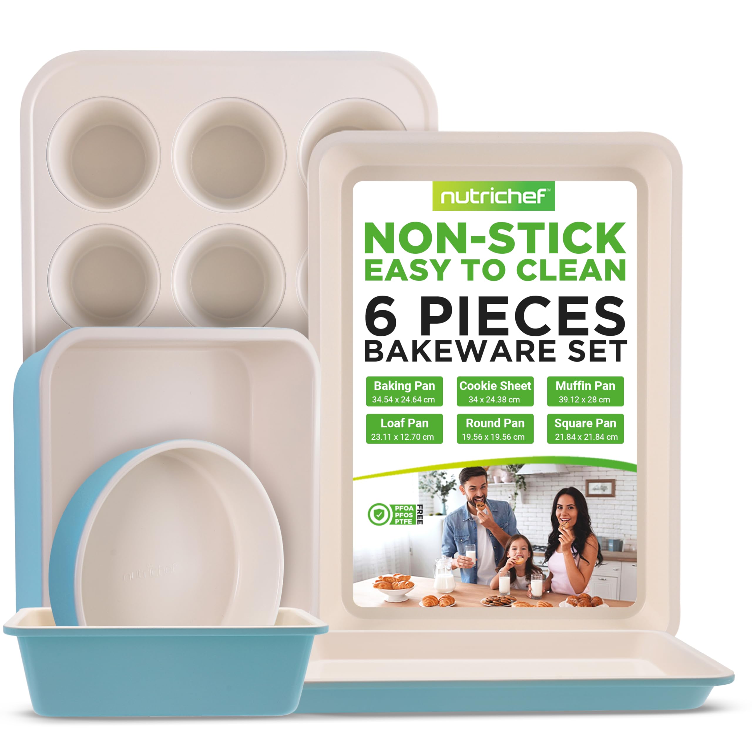 NutriChef Bakeware Set 6-Piece, Carbon Steel Kitchenware with Ceramic Nonstick Coating, Includes 12-Cup Muffin Tray, Cake Mold, Loaf Pan, Wide Baking Tray, Cookie Sheet, Turquoise