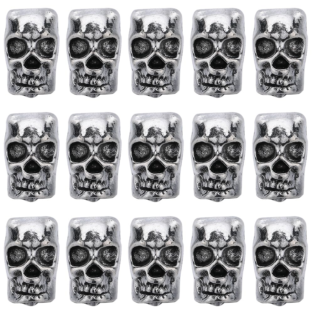 SUNNYCLUE 1 Box 50PCS Skull Spacer Beads Skeleton Head Beads Beard Silver Antique Tibetan Metal Halloween Large Hole European Loose Spacers Bead Bulk for Jewellery Making Beads DIY Bracelet Necklace