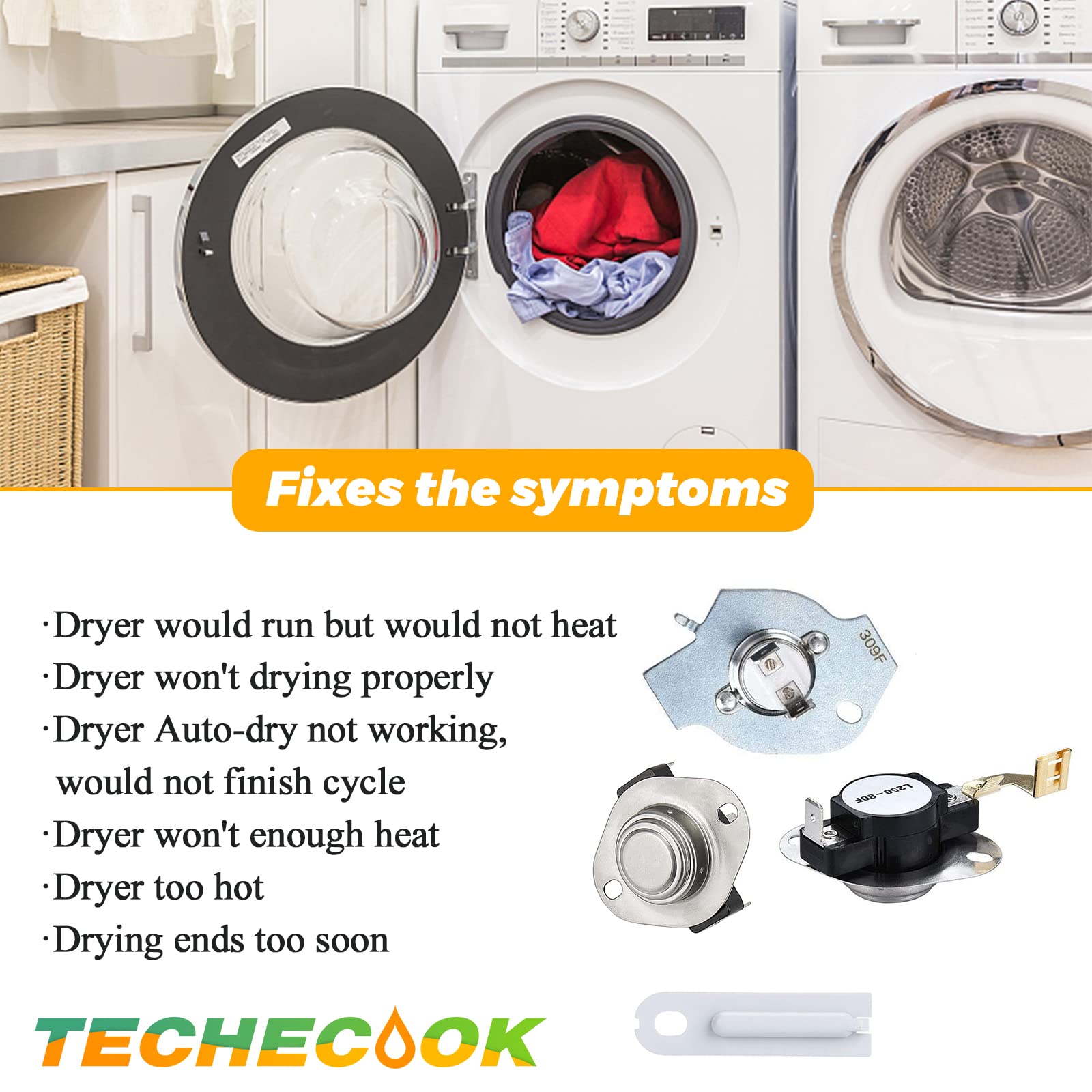 Upgraded 3387134 Cycling Thermostat 3977393 & 3392519 Dryer Thermal Fuse 3977767 High Limit Thermostat Replacement Part Kit by Techecook - Compatible for Whirlpool Kenmore Maytag Dryer