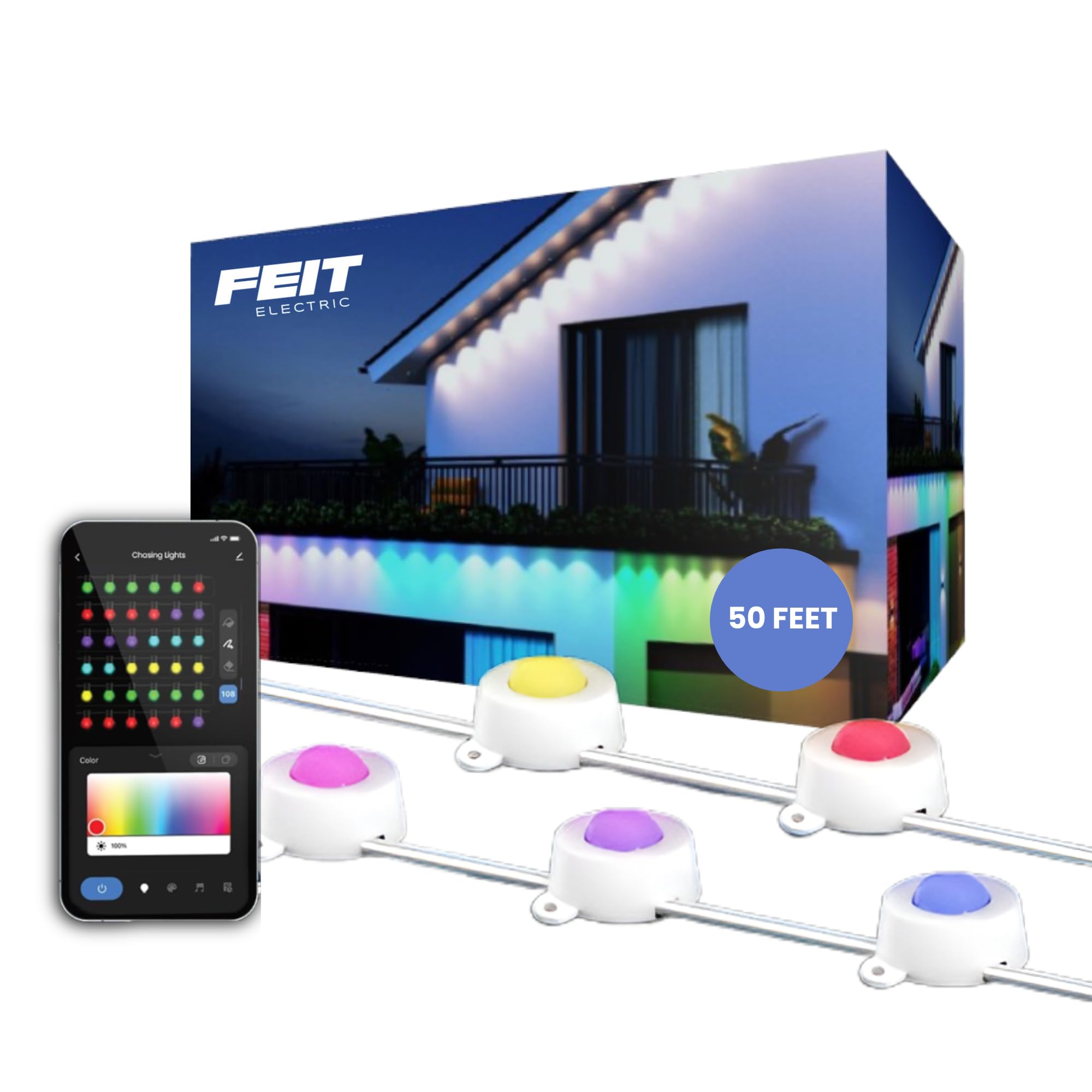 Photo 1 of Feit Electric Permanent Outdoor Lights, Smart RGBIC with Tunable White String Lights, 50FT LED Christmas Lights, 2.4GHz WiFi, Work with Alexa and Google Assistant, Weatherproof, SL50-30/RGBTW/AG