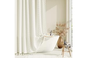 Dynamene Boho Farmhouse Shower Curtain, Cream Fabric Tufted Chevron Striped Textured Tassel Shower Curtains for Bathroom, Water Repellent, Minimalist Ruffled Cloth Shower Curtain Set with Hook, 72x72