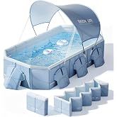 Foldable Pool with Canopy,Large Portable Pool for Adult, 85&times;50&times;22 in | Thickened Collapsible Folding Pool,20 Seconds Installation&amp;Titanium Silver Canopy,Feels-Like Temp 50&deg;F &ndash; 64.4&deg;F,Blue