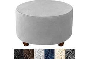 HFCNMY Ottoman Cover Round, Stretch Velvet Round Ottoman Cover Thick Round Ottoman Slipcover Washable Storage Ottoman Cover Foot Stool Cover with Elastic Bottom Light Gray Medium