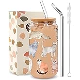 Kihraw Cat Gifts for Women Girls - Funny Glass Cups with 2 Straws, Cute Cats Lover Gifts Decor Stuff Accessories 16 oz, Perfect Holiday and Birthday Gift for Cat Lovers Bestie Birthday