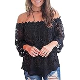 MIHOLL Women's Lace Off Shoulder Tops Casual Loose Blouse Shirts