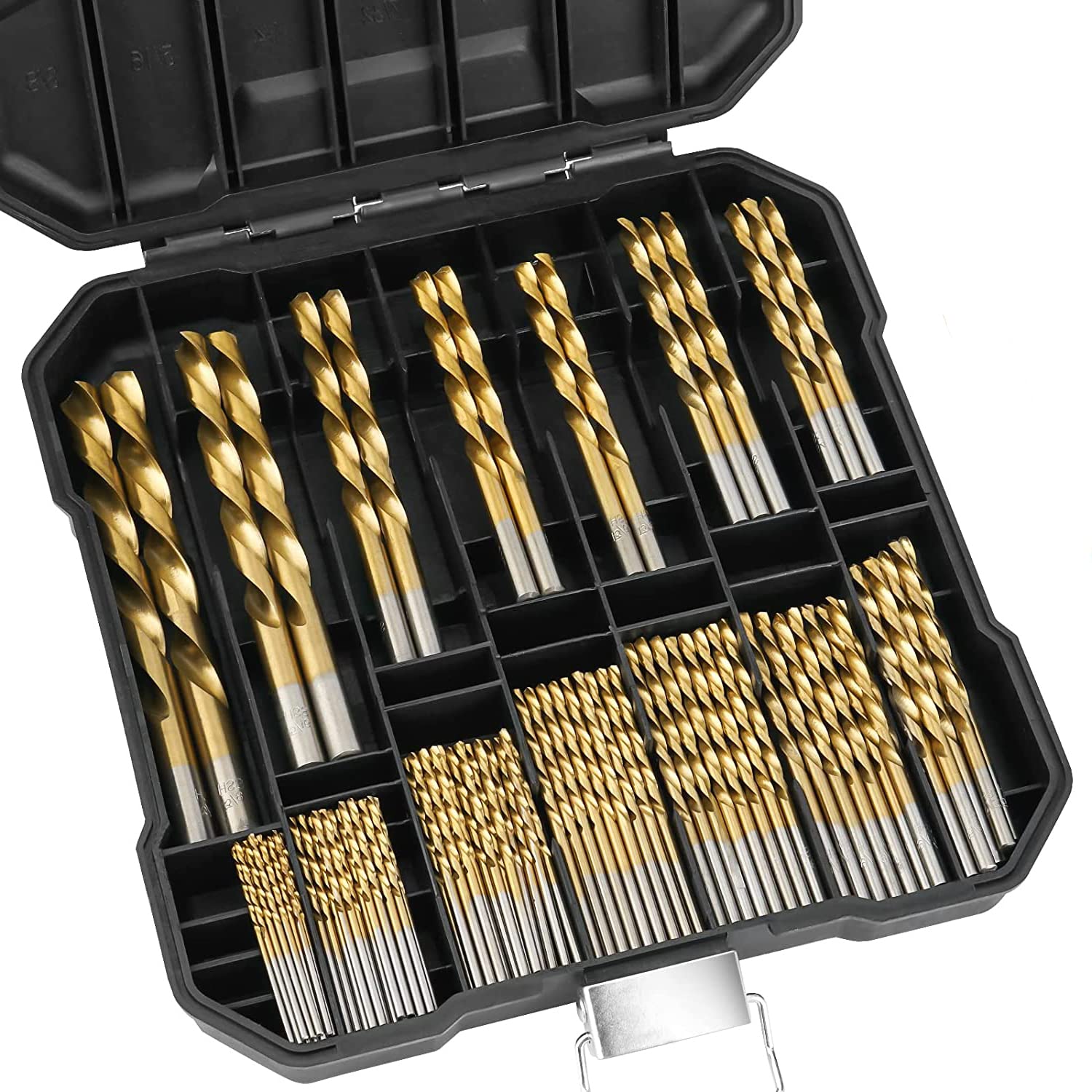 99 Pcs Titanium Coated Twist Drill Bit Set, 4241 HSS 135° Tip Metric Drill Bits Size from 1.5-10mm for Metalworking, Woodworking, Plastic Hole Drilling — image 1